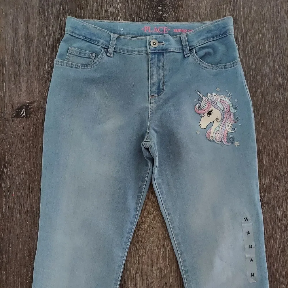 The Children's Place Girls Unicorn Graphic Super Skinny Jeans Size 14